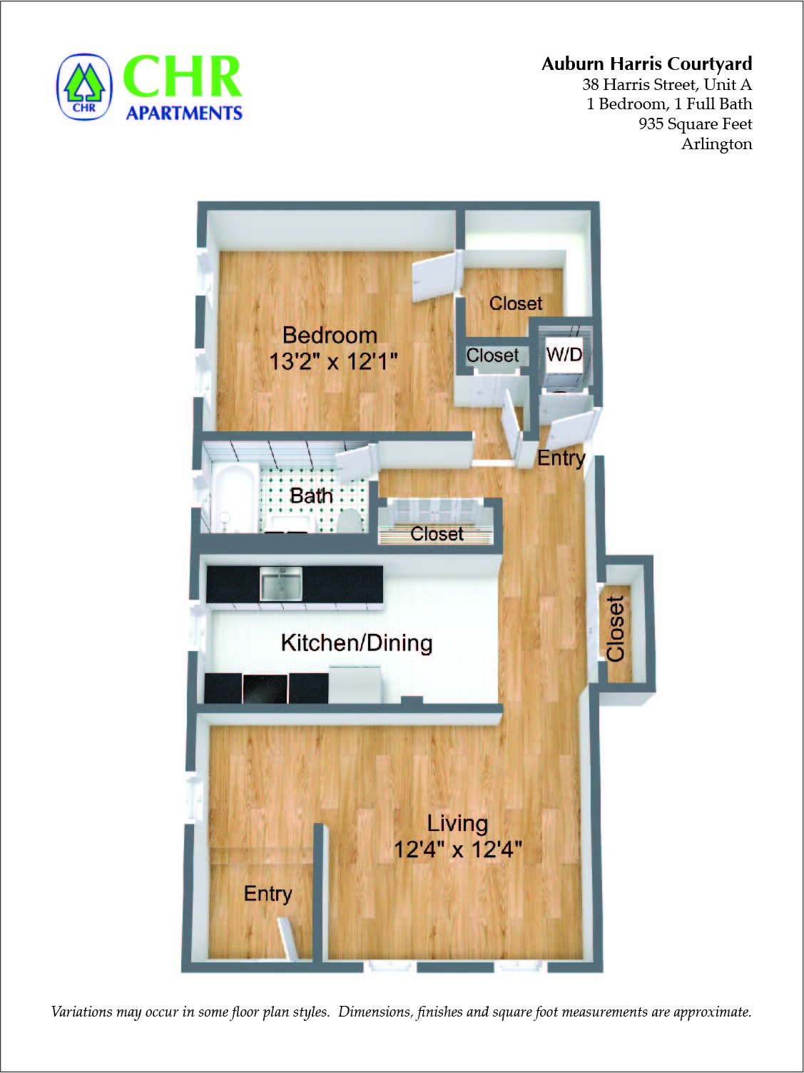 Floor plan for 1 bed, 1 bath, 991 sqft